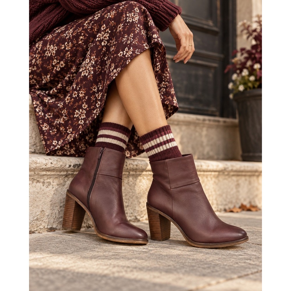 Seychelles Burgundy Wine Leather Ankle Boots S (10) Block Heel Boho Western